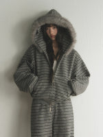 Striped Faux Fur Hooded Zip Cardigan