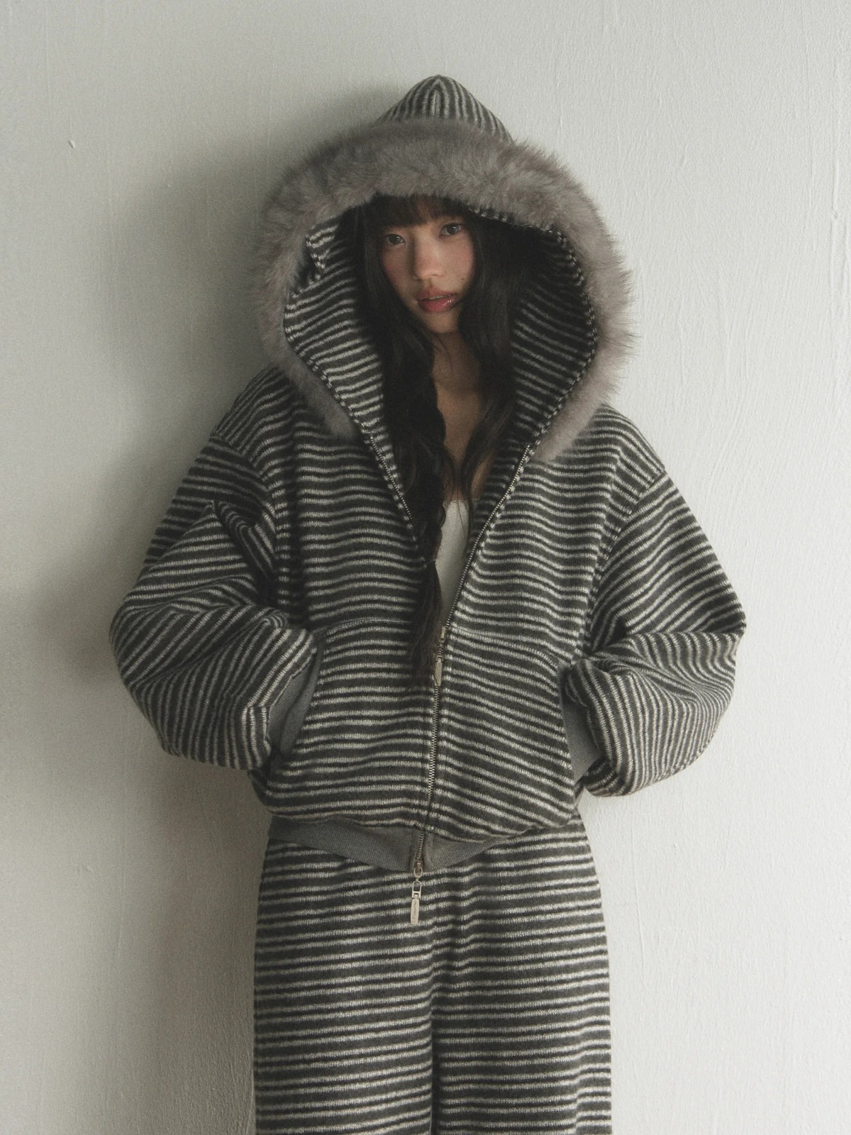 Striped Faux Fur Hooded Zip Cardigan
