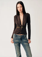 Brown Ruched V-Neck Top