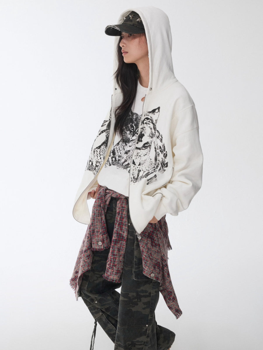 Cat Graphic Double-Zip Convertible Hoodie Jacket