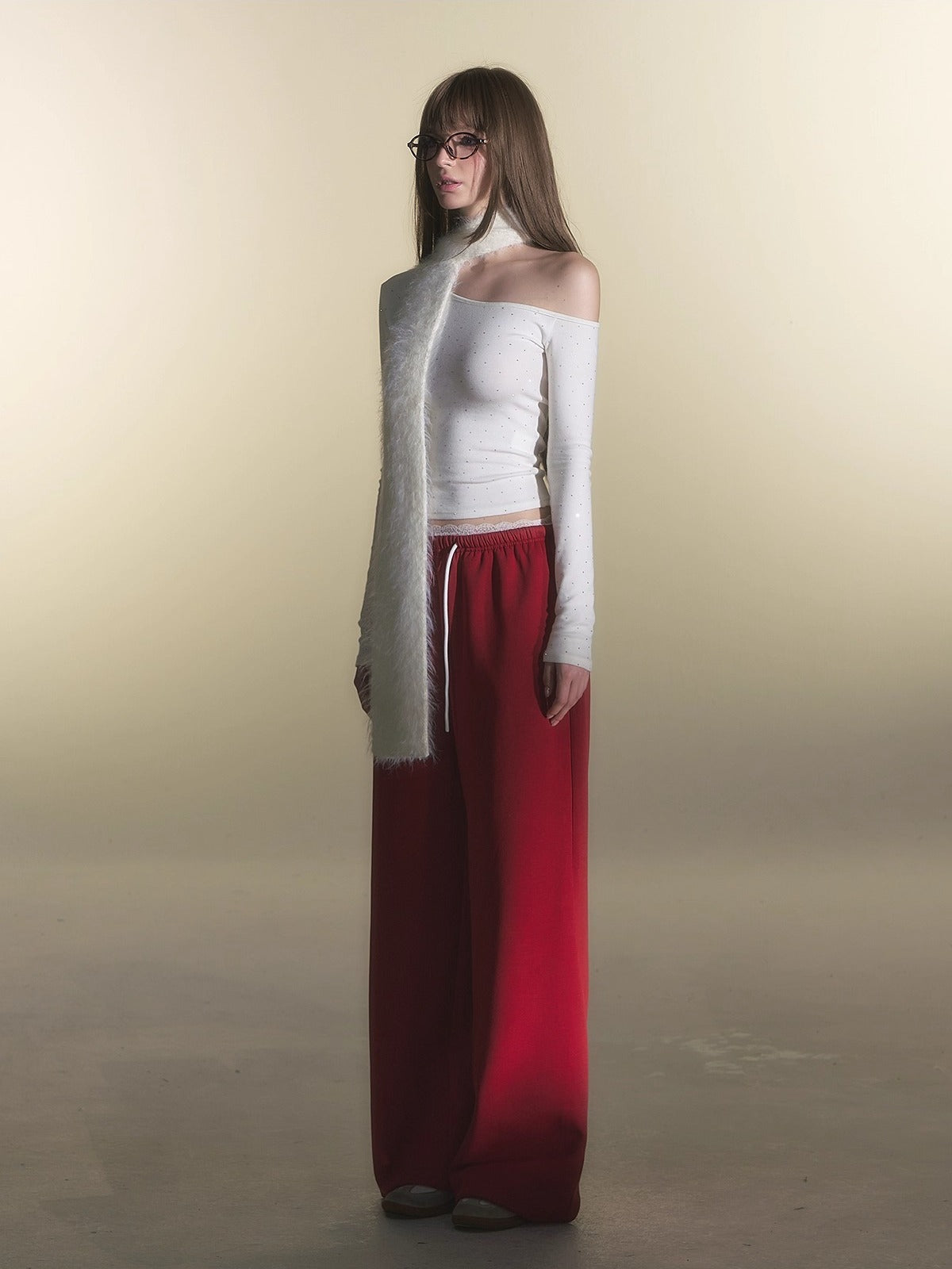 White Rhinestone Knit Off-Shoulder Slim-Fit T-Shirt