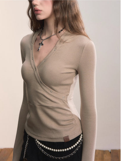 Cross Neck Hooded Slim-Fit Knit Top
