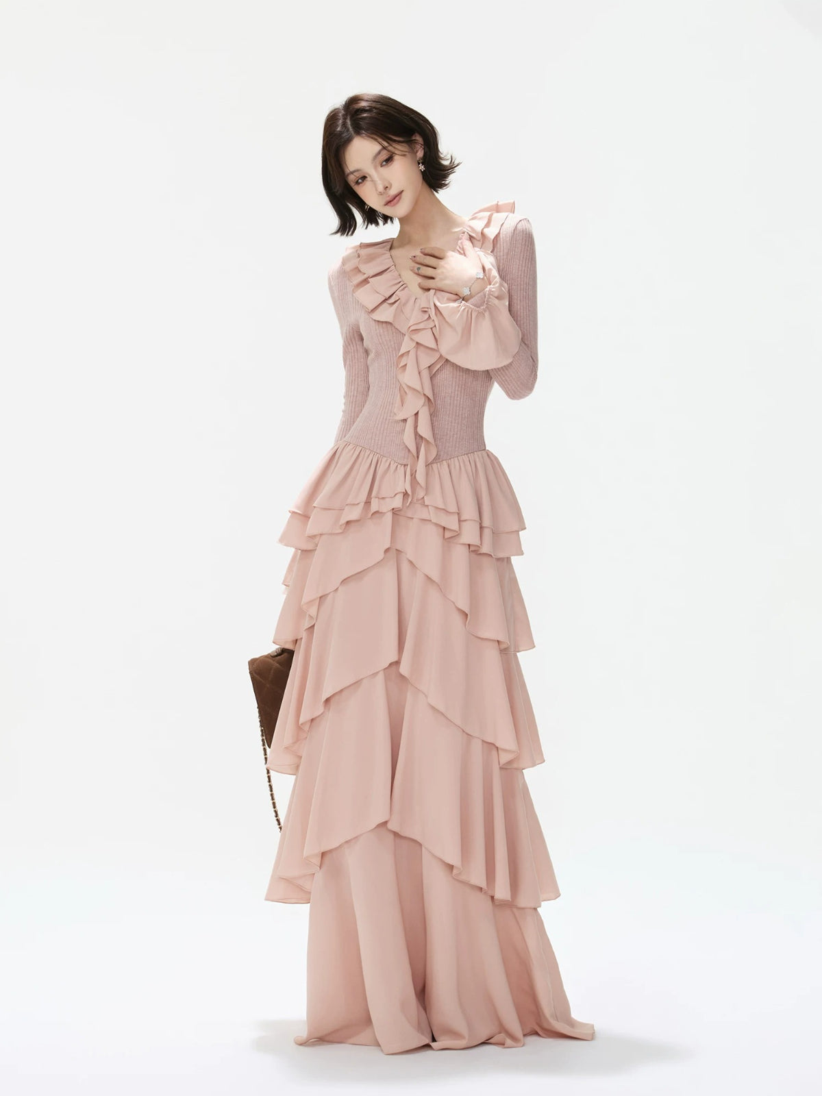 Ruffled Knit Chiffon Tiered Maxi Dress
