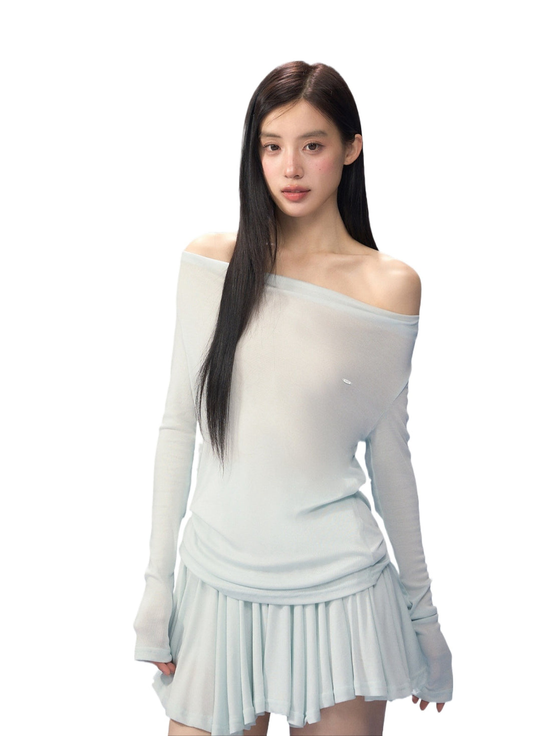 Blue One-Shoulder Blouse &amp; Skirt Set