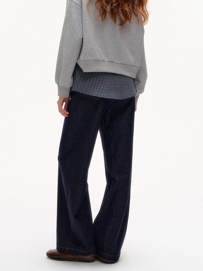 Plaid Patchwork Faux Two-Piece Straight-Leg Jeans