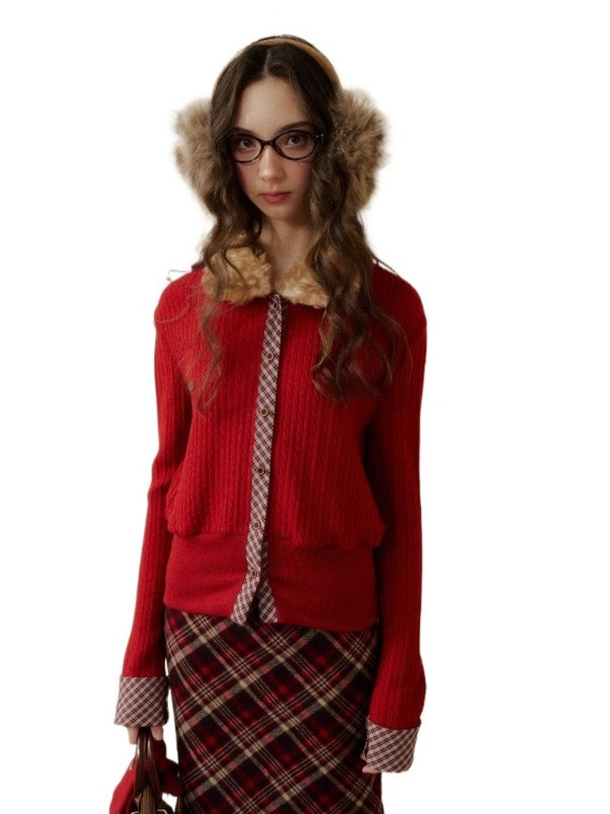 Fur-Collar Plaid Knit Cardigan