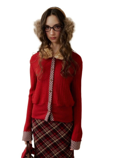 Fur-Collar Plaid Knit Cardigan