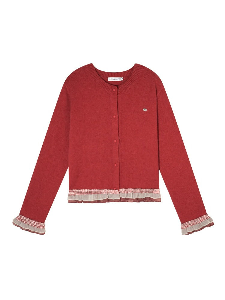 Plaid Lace Trim Knit Cardigan