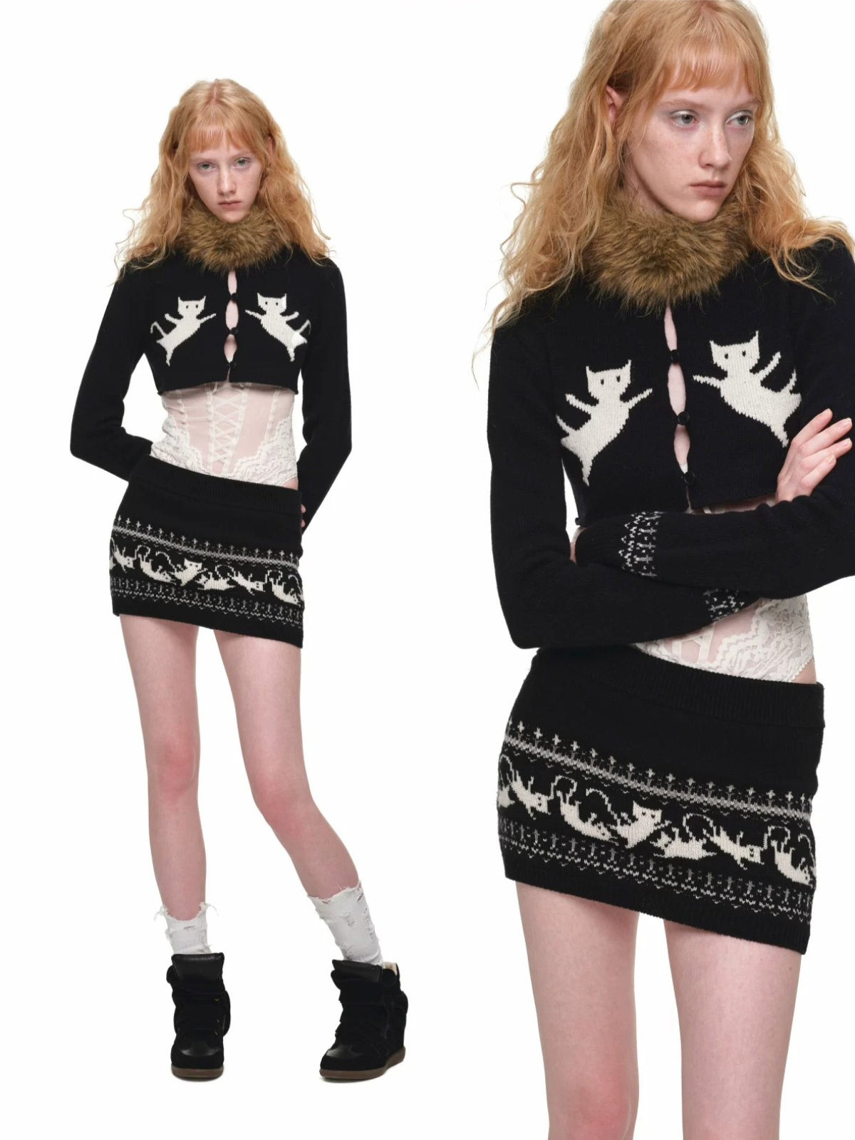 Fair Isle Jacquard Knit Cardigan &amp; Skirt Set