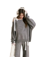 Gray & Apricot Lace-Tie Knit Set