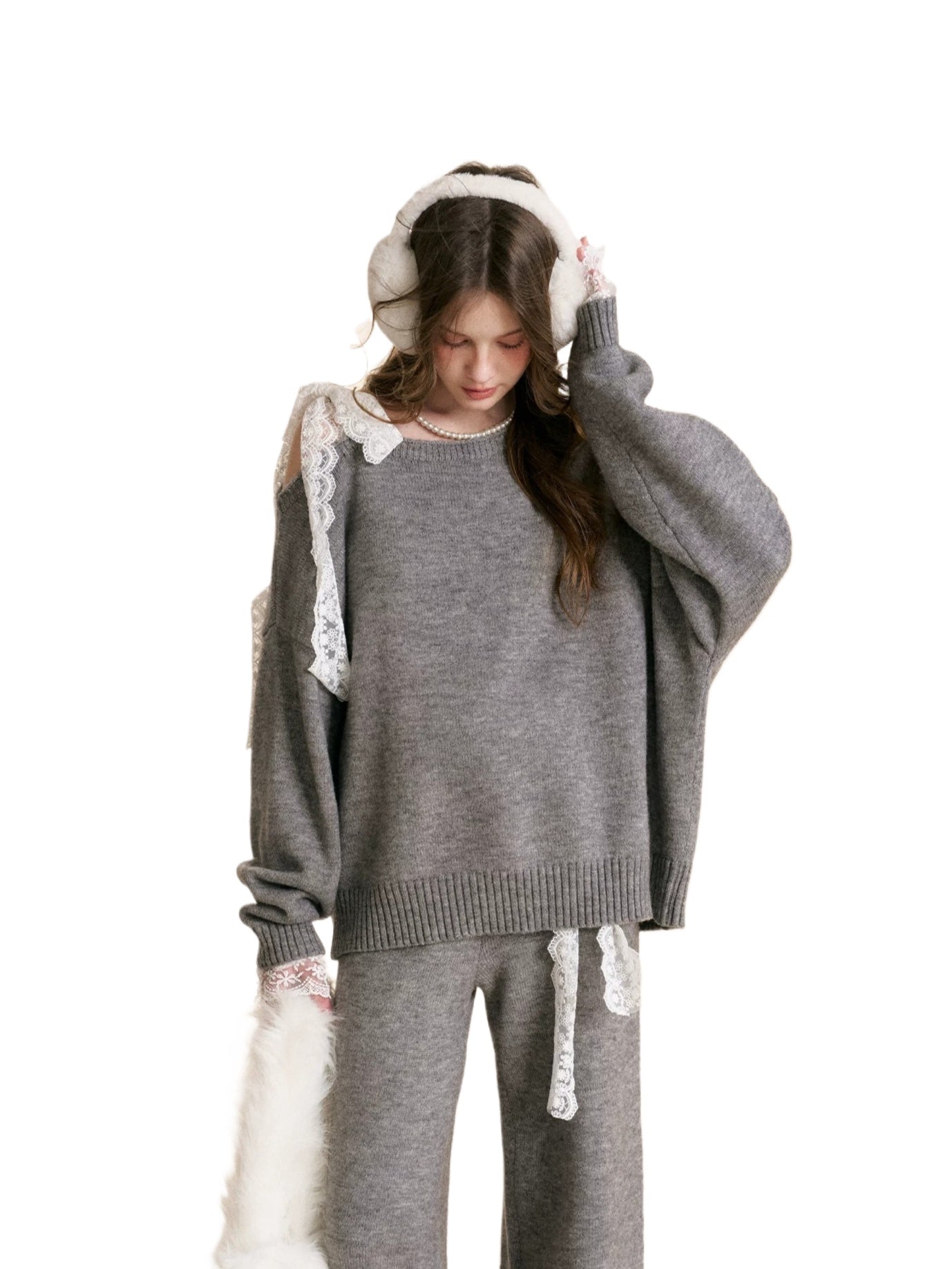 Gray &amp; Apricot Lace-Tie Knit Set