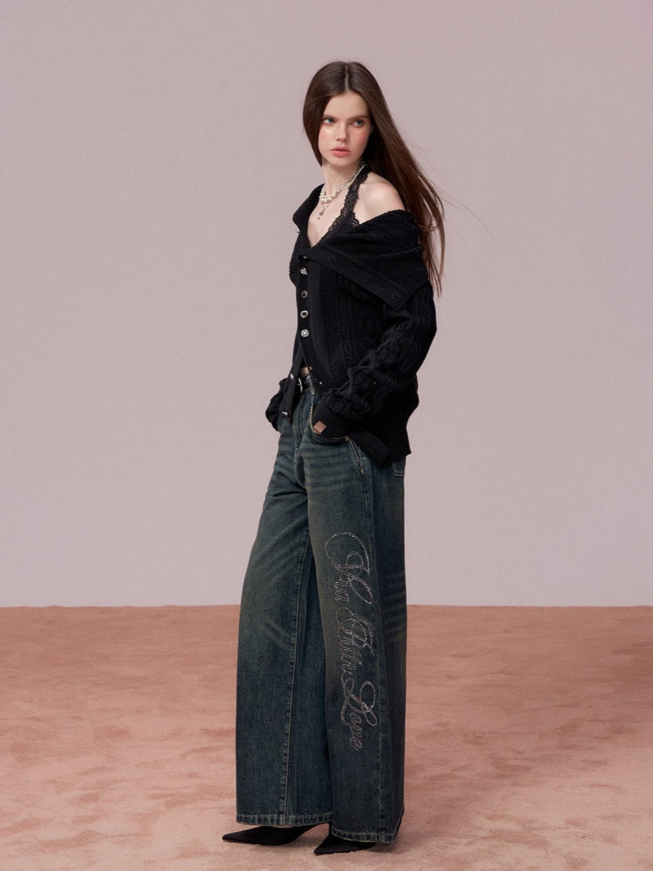 Retro Blue Studded Letter Wide-Leg Jeans