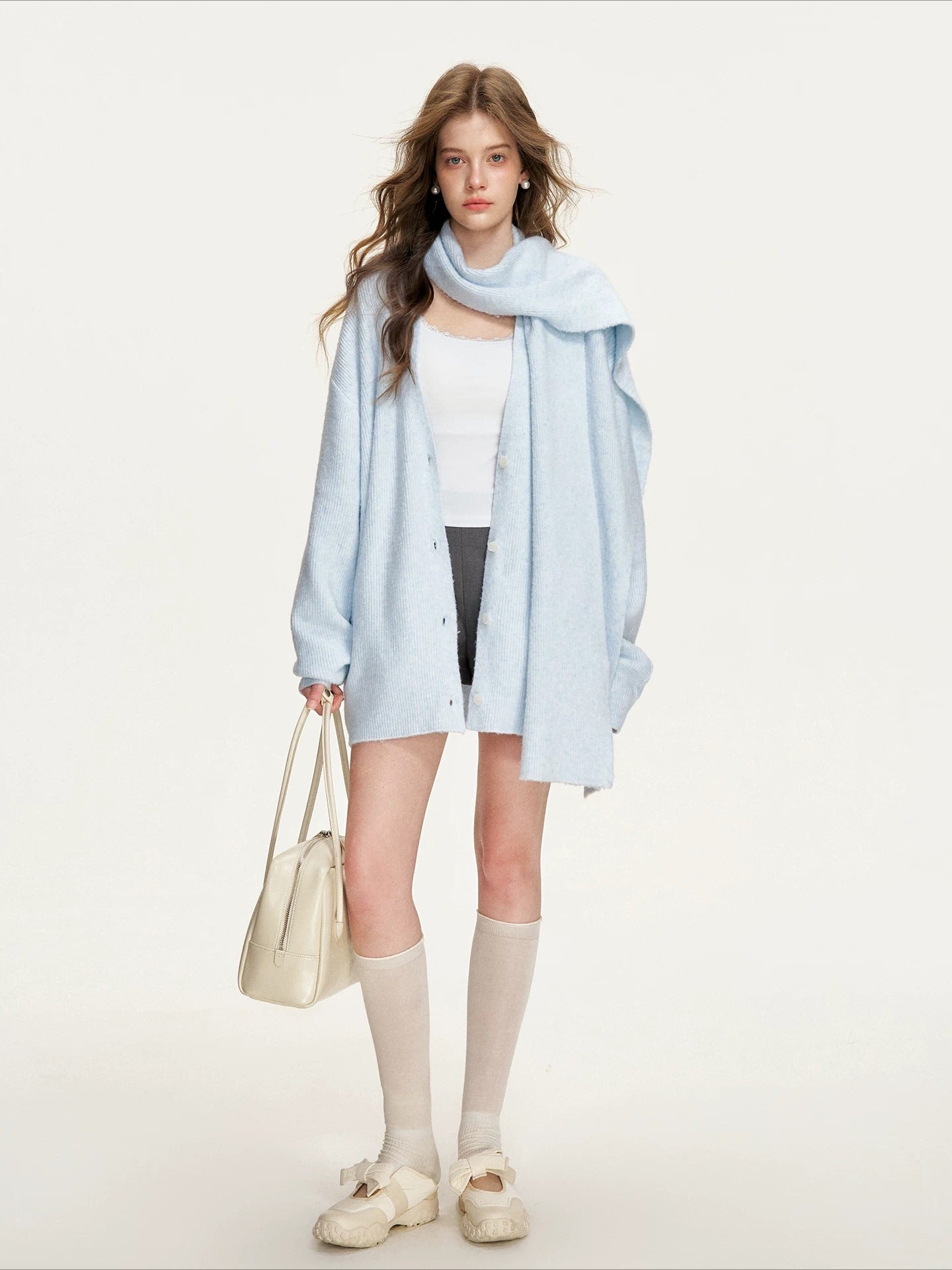 Mock-Layer Scarf Collar Chunky Cardigan