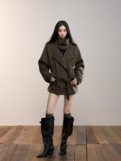 High-Neck Belted Wool Coat