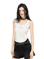 White & Black Butterfly Printed U-neck Tank Top