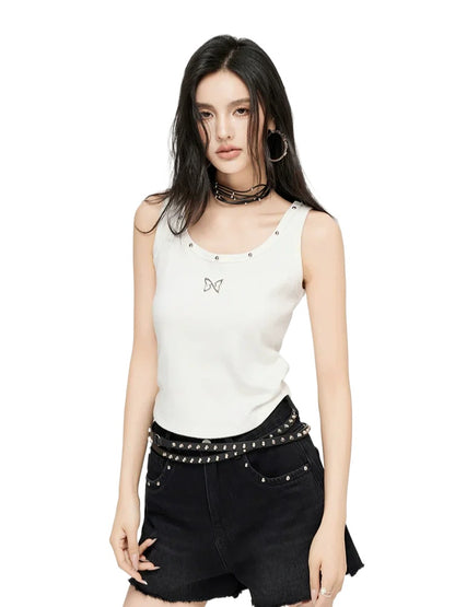White &amp; Black Butterfly Printed U-neck Tank Top
