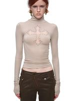 Cross Lace Rhinestone Turtleneck Top