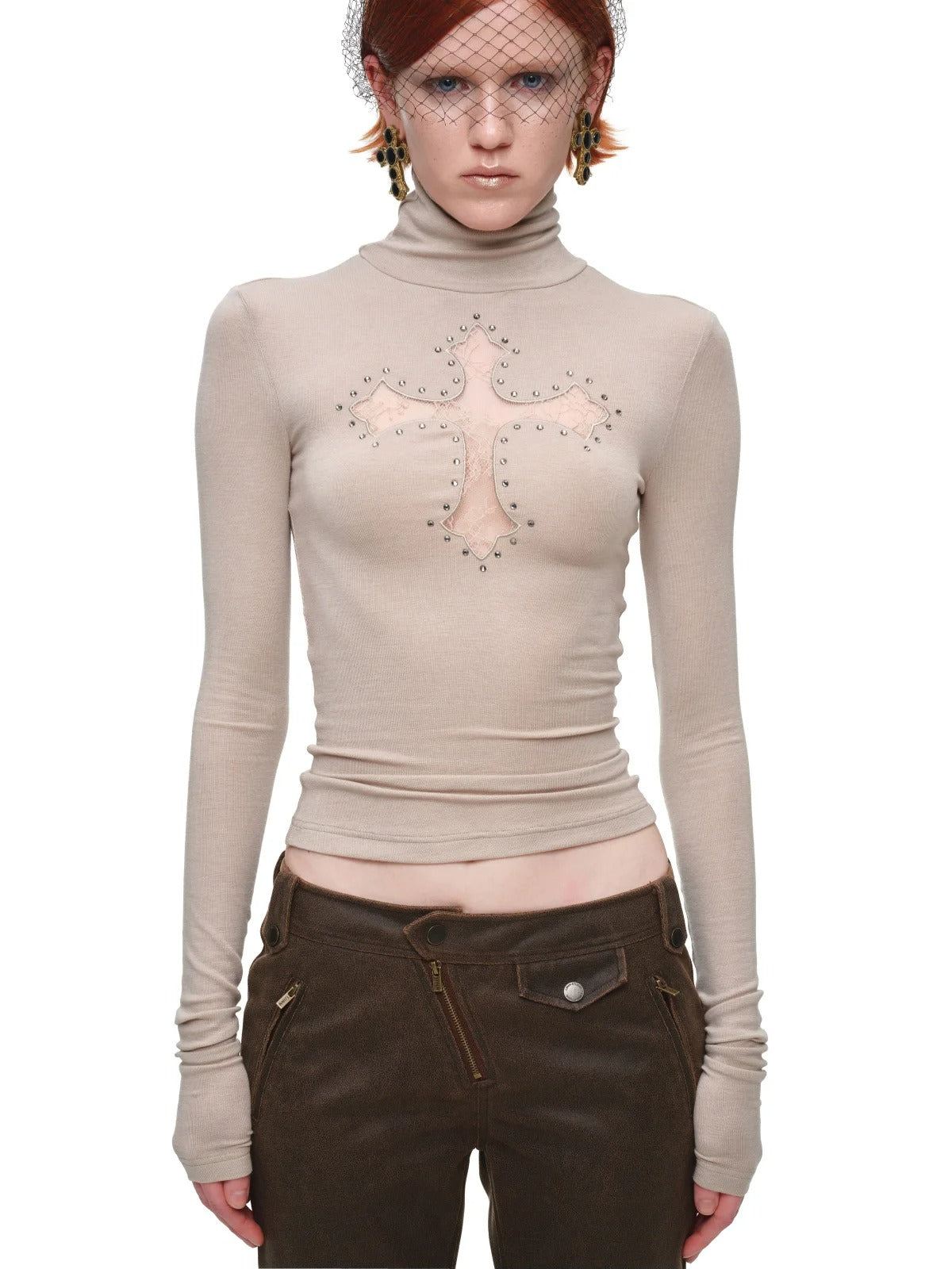Cross Lace Rhinestone Turtleneck Top
