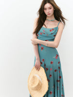 Flowing Flower Waist-cinched Cowl-neck Dress
