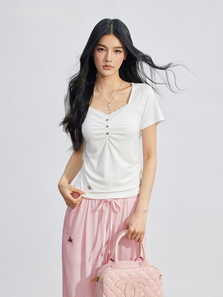 Lace Ruched Slim Tee