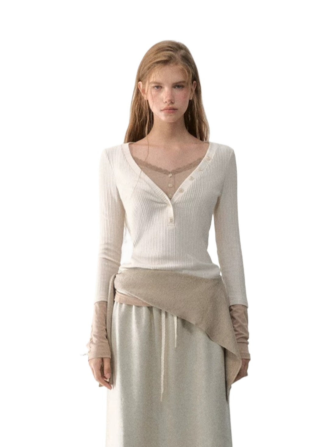 Layered V-Neck Ribbed Knit Top