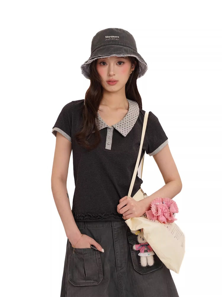 Polka Dot Crewneck Lace Bottom Shell Mark T-shirt