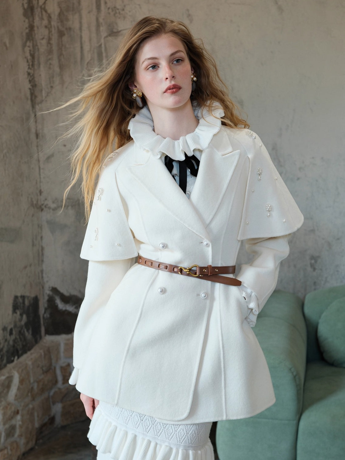 Mira Vintage-Inspired Pearl Cape Woolen Coat