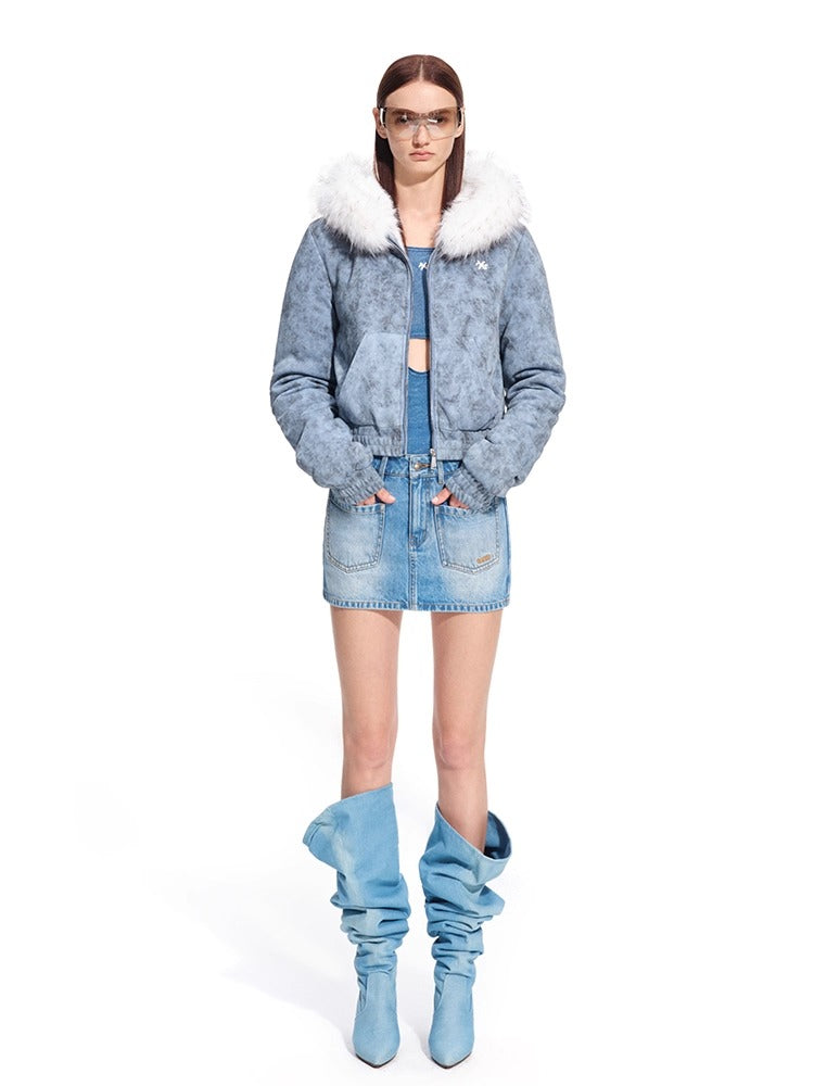 "Caracal Series" Washed Crinkle Denim Mesh Bodysuit
