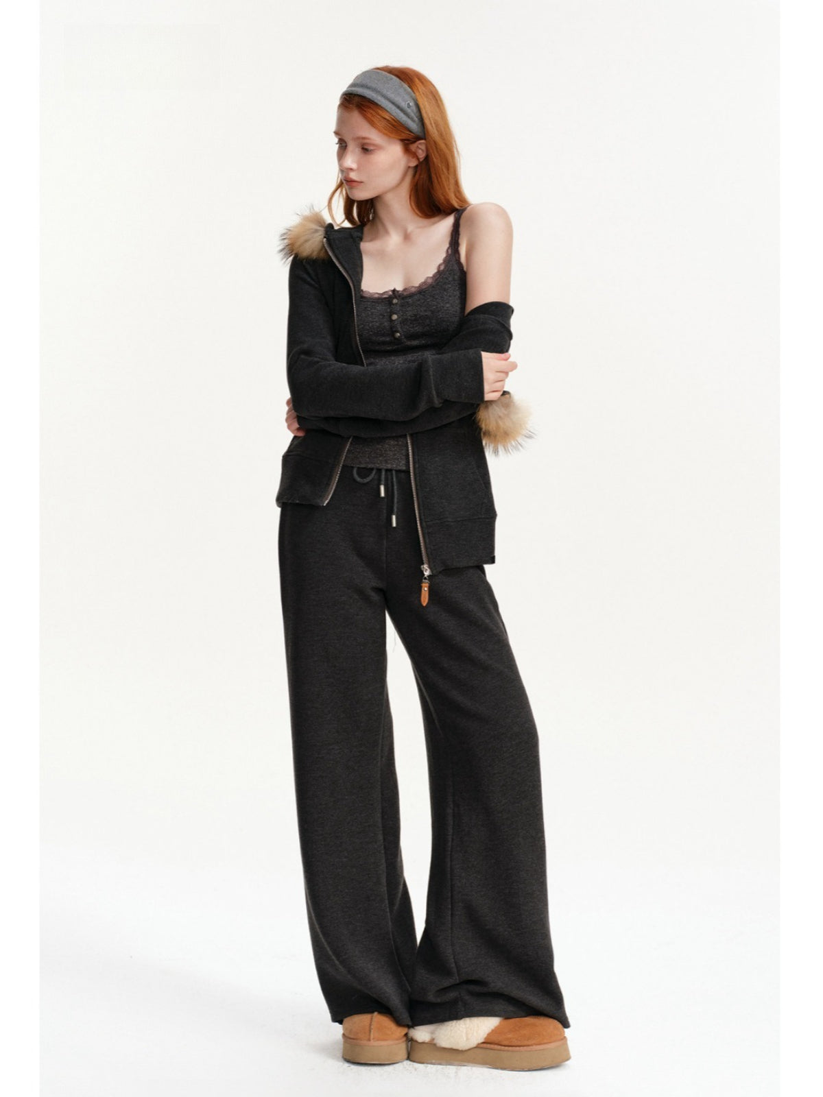 Detachable Fur Collar Tracksuit Set