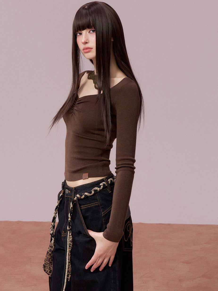 Ruched Lace Detail Knit Top