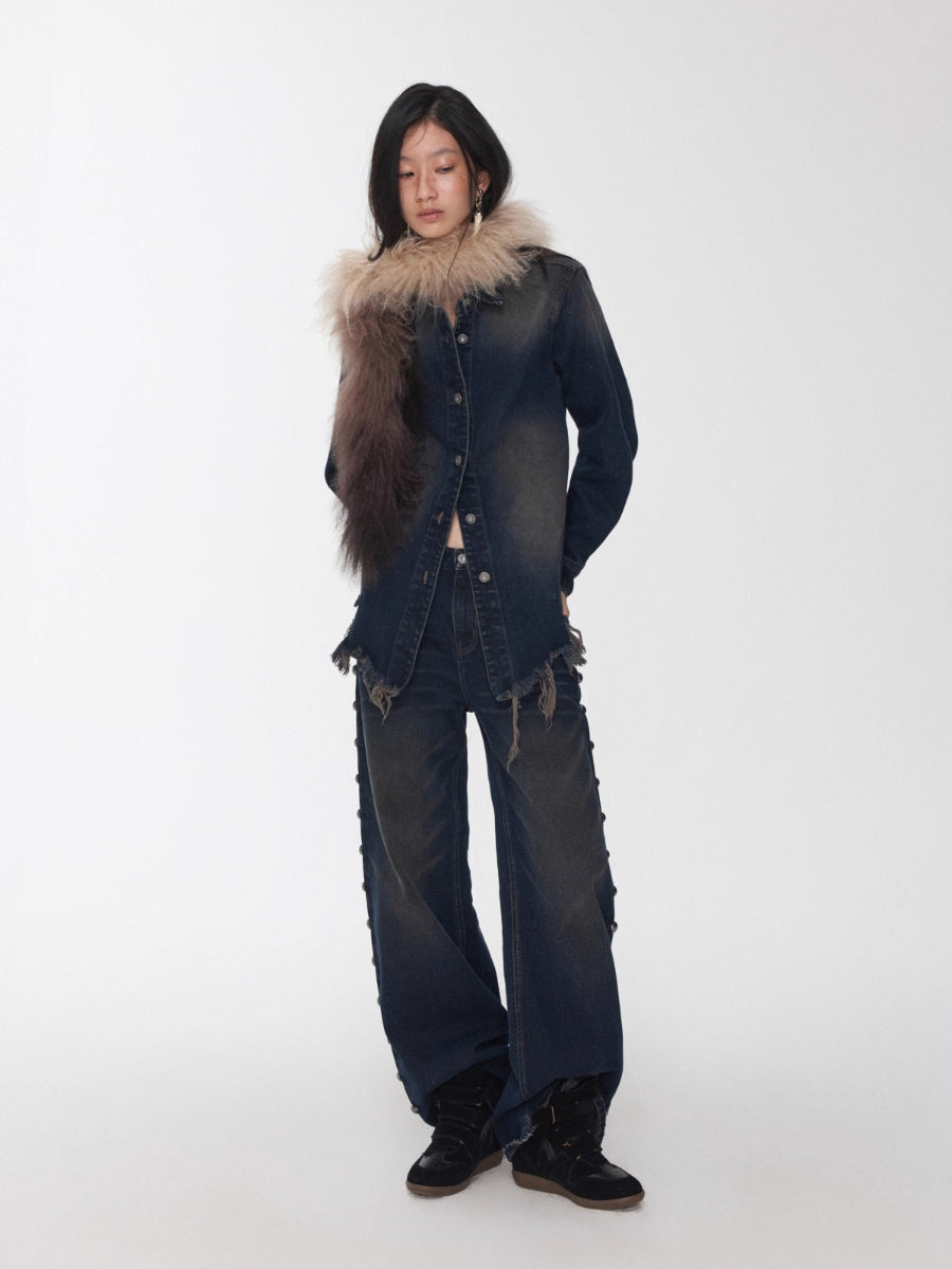 Vintage Washed Frayed-Edge Denim Shirt