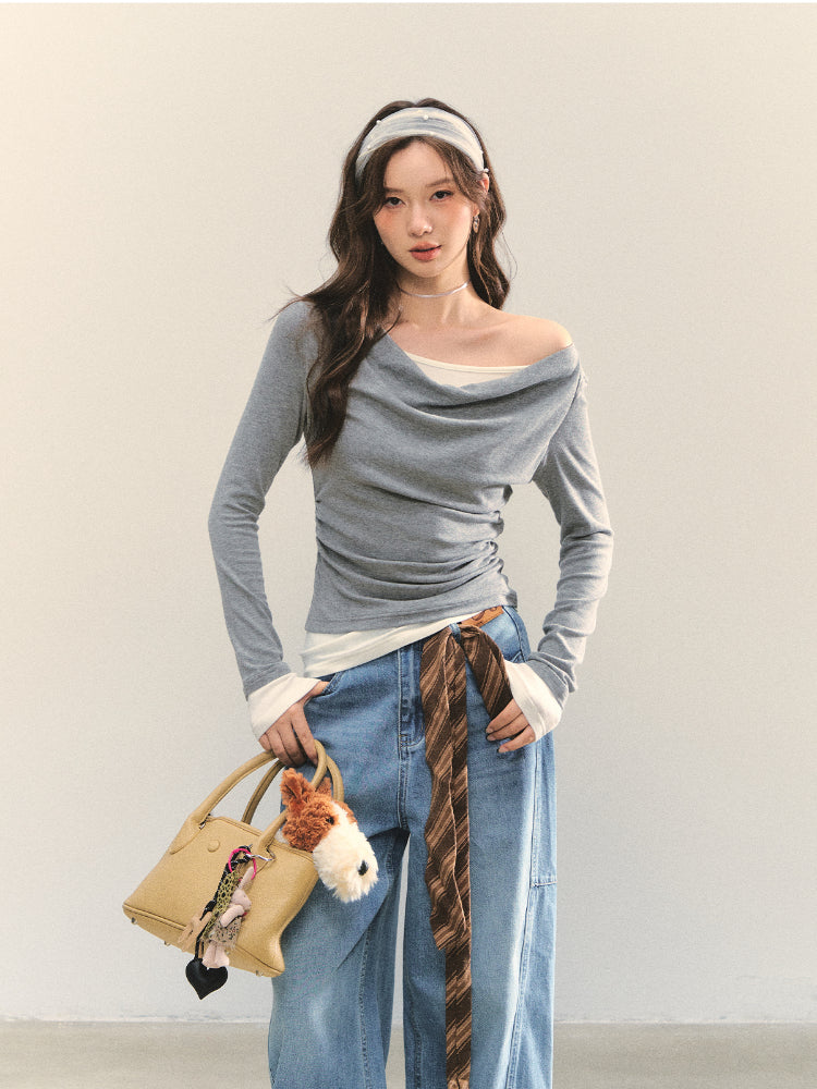 Dangle Collar Fake Two-Piece Color-Blocked Blouse