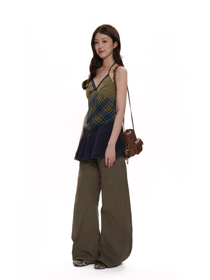 Vintage Double-Layer Cotton Plaid Cami Dress