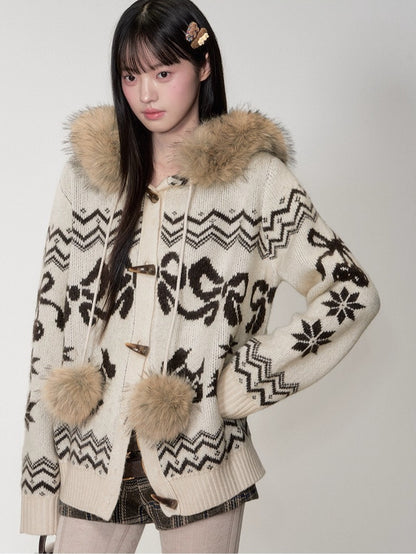 Fair Isle Fur Collar Toggle Knit Coat