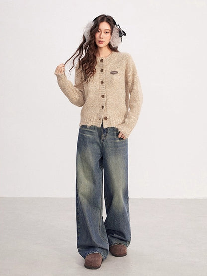 Khaki Tweed Chunky Knit Cardigan