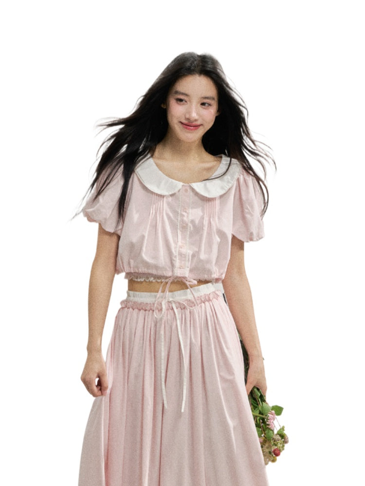 Pink Doll‑Collar Drawstring‑Hem Blouse & Flared Midi Skirt