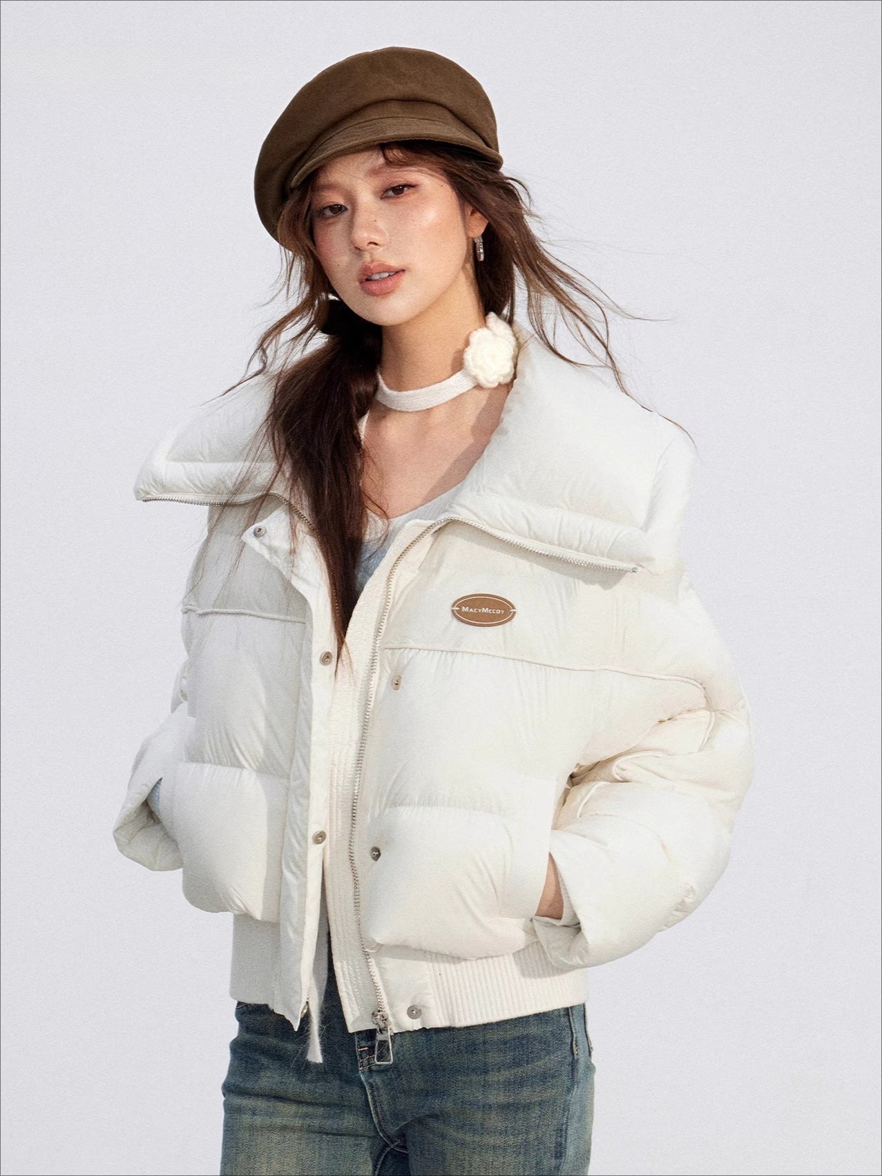 Large Lapel Knit-Panel Down Jacket