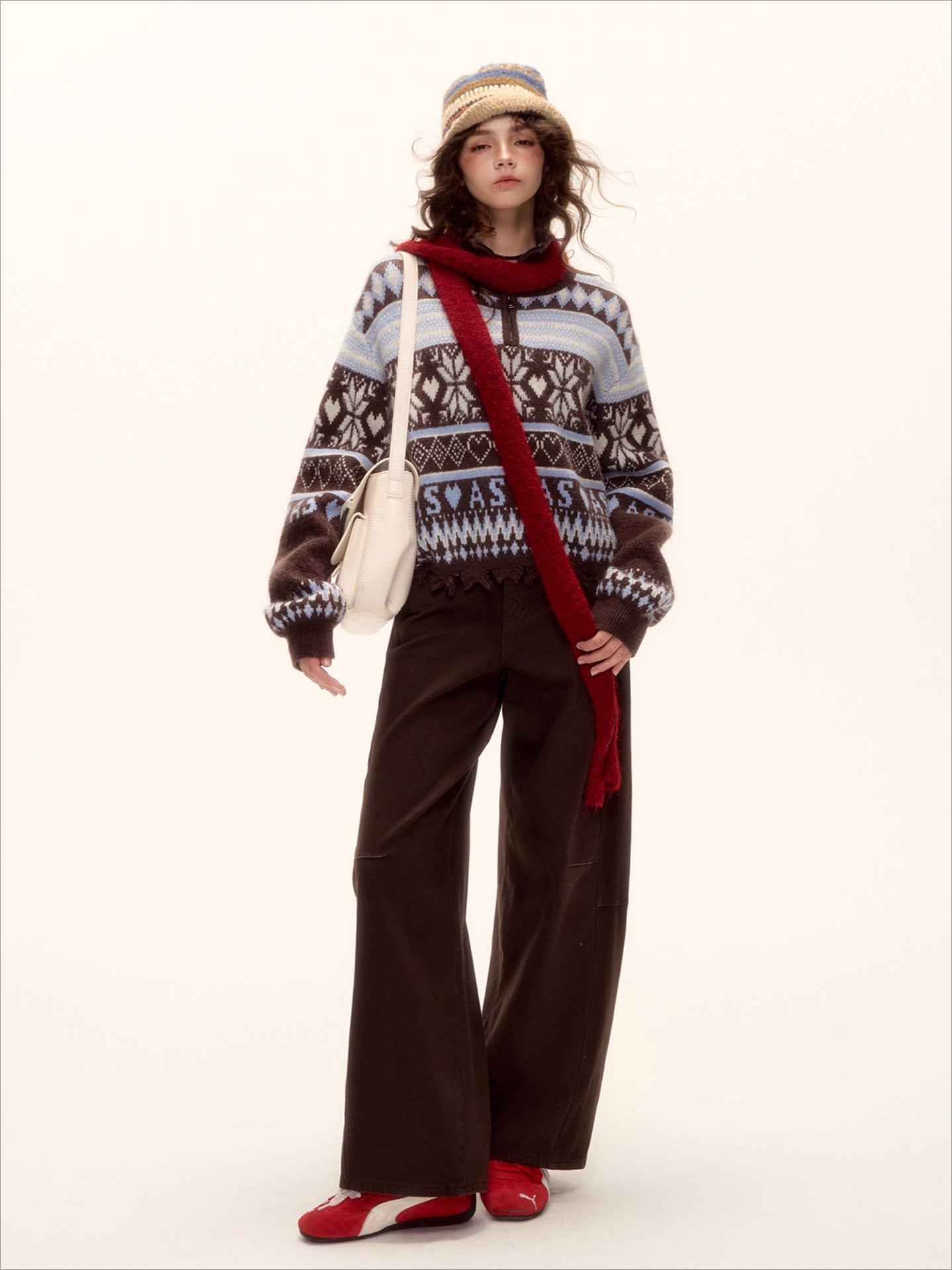 Fair Isle Half-Zip Fringed Knit Sweater