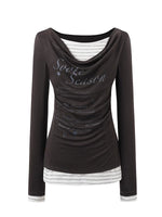 Blue & Gray Printed Draped Long-Sleeve T-shirt