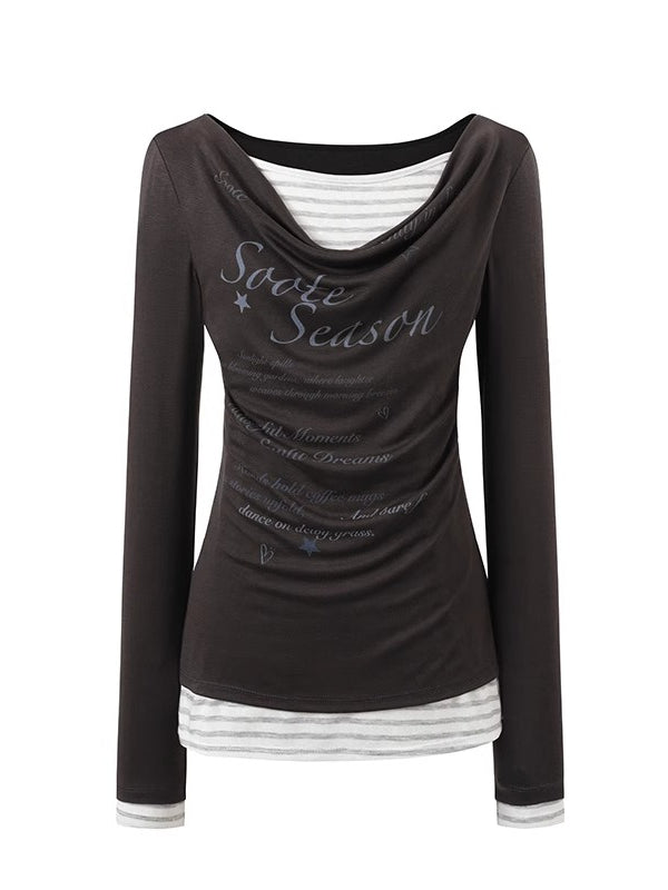 Blue &amp; Gray Printed Draped Long-Sleeve T-shirt