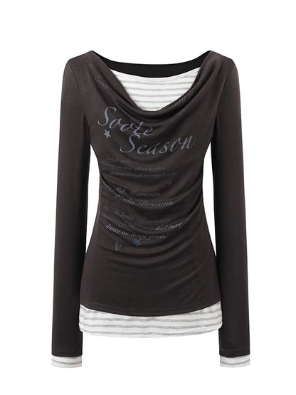 Blue &amp; Gray Printed Draped Long-Sleeve T-shirt