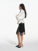 Asymmetric Lace Trim Satin Skirt