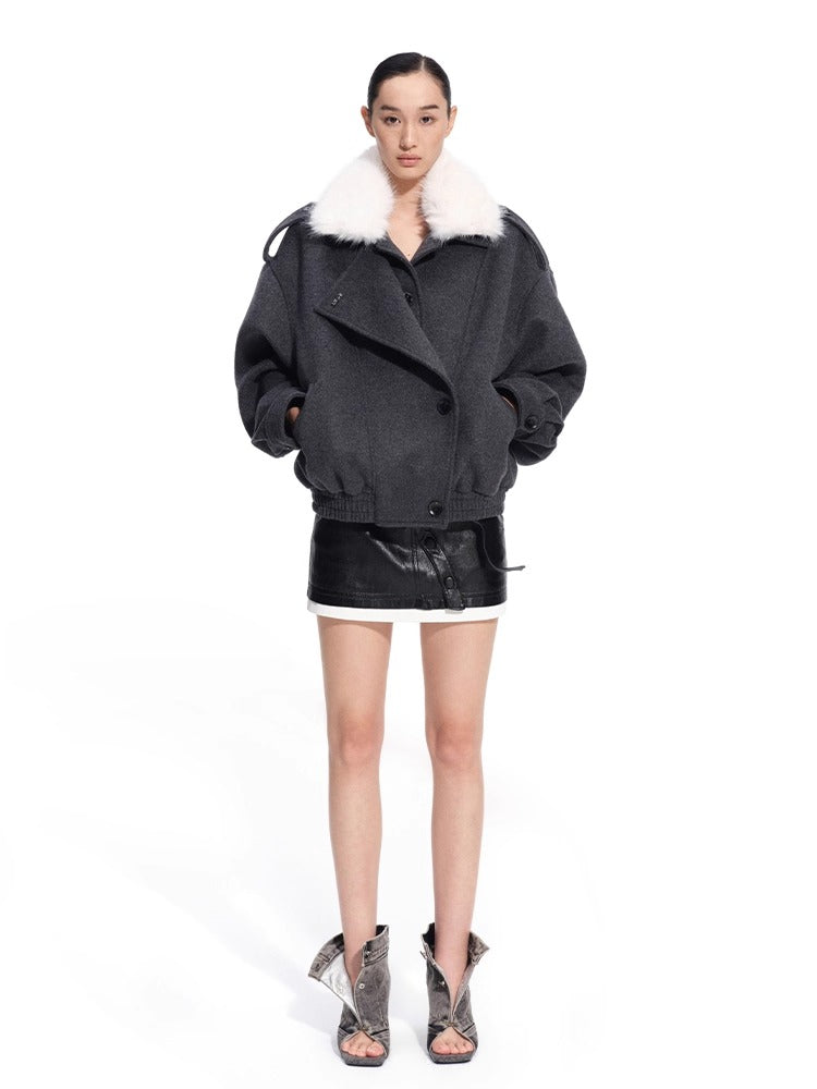 Faux Fox Fur Wool-Blend Aviator Jacket