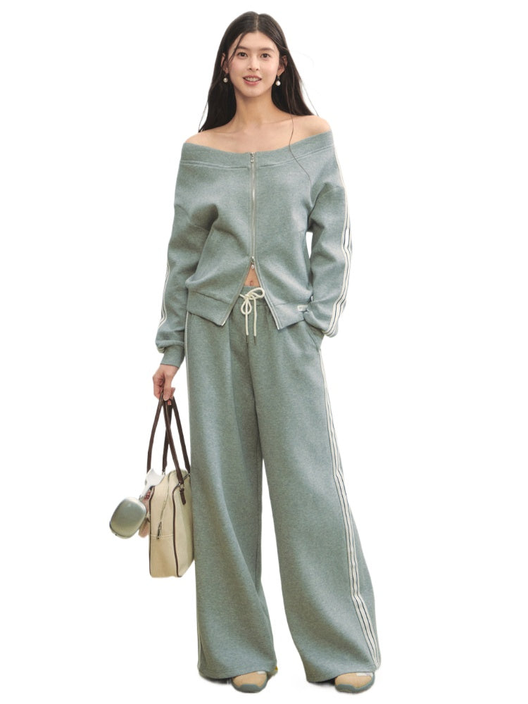 Off-Shoulder Zip-up Sweatshirt & Pants Set