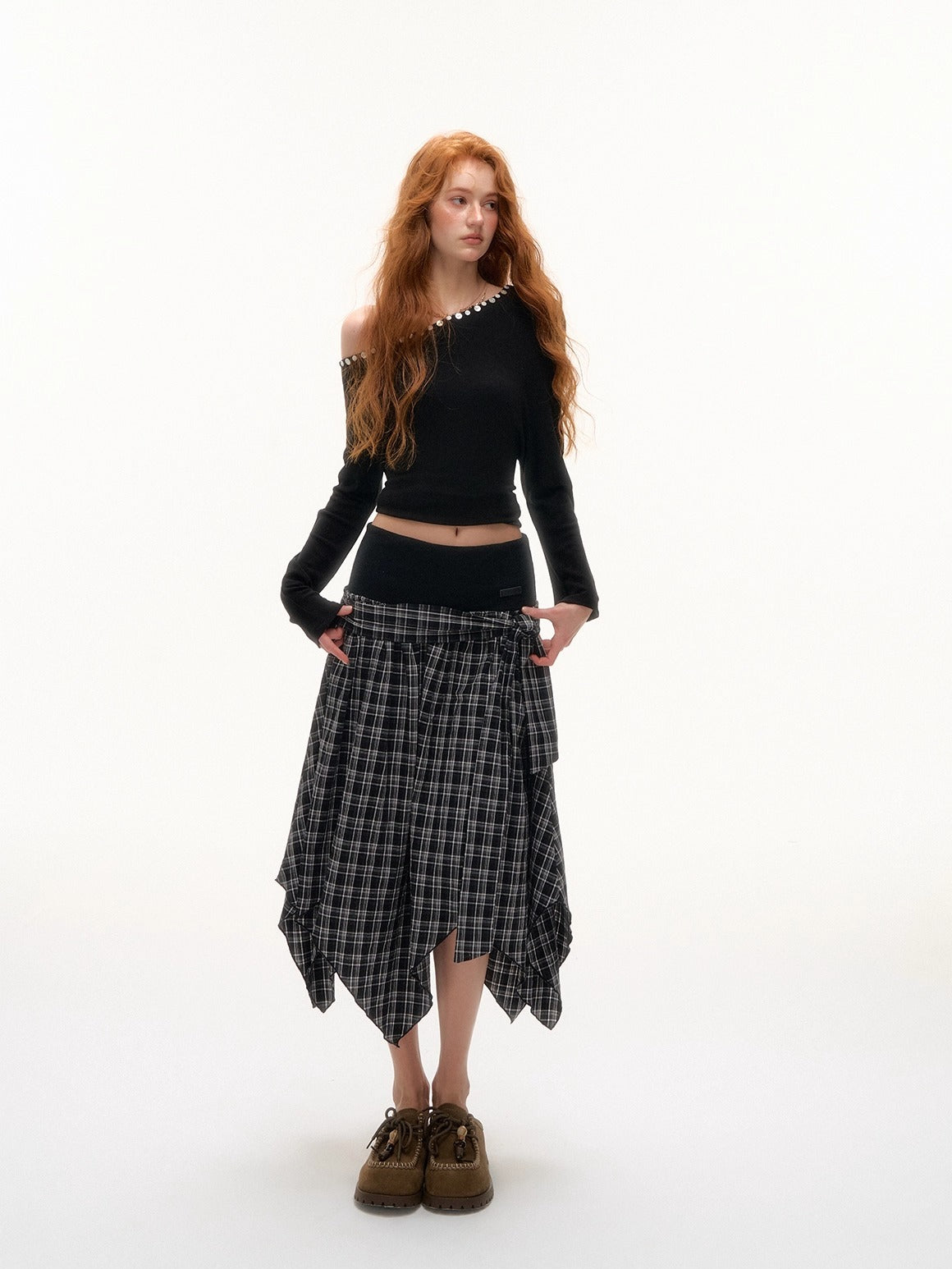 Off-Shoulder Pearl-Button Long-Sleeve T-Shirt