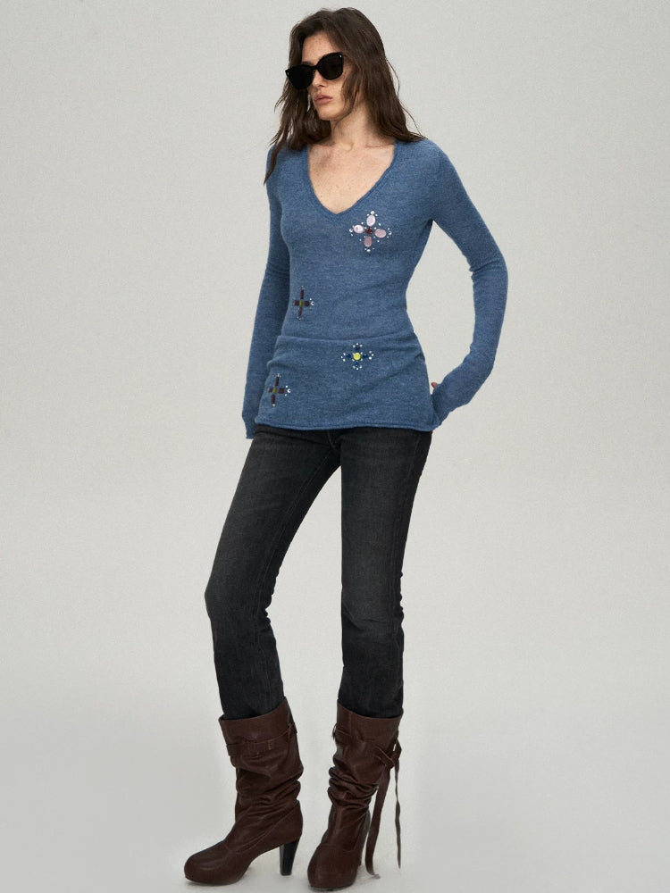 Camel Hair Sequin V-Neck Top