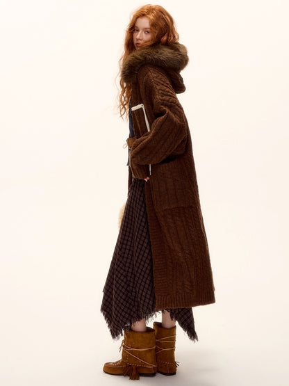 Detachable Fur Collar Cable-Knit Long Cardigan