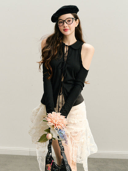 Black &amp; White Off-Shoulder Tie-Back Knit Cardigan