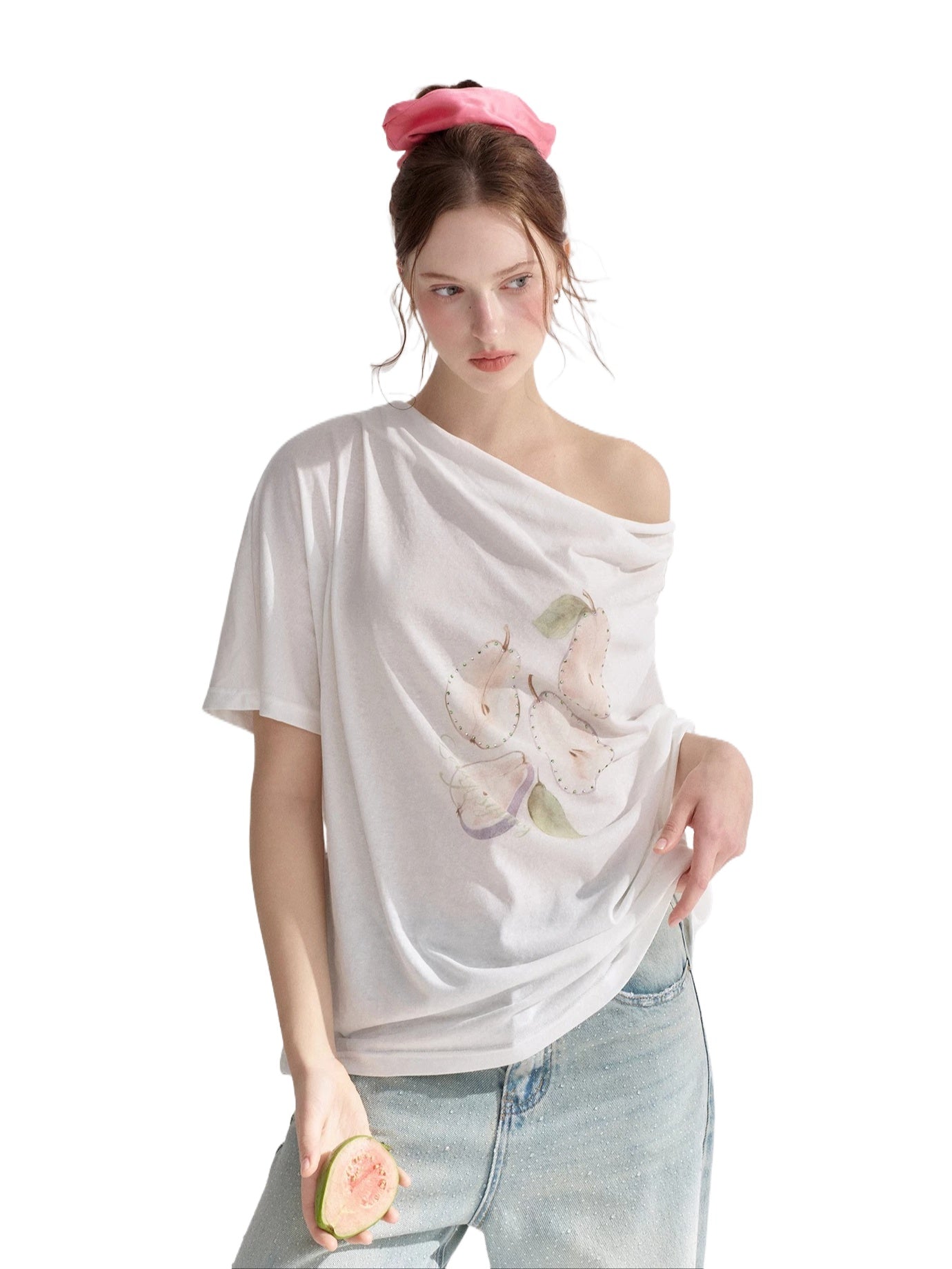 Rhinestone Pear Print Draped T-shirt