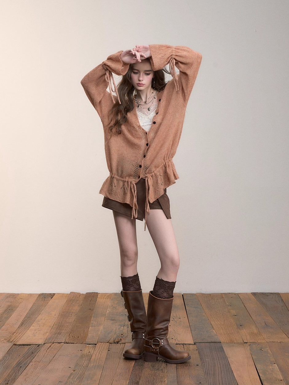 Brown & Off-white Drawstring Knit Cardigan